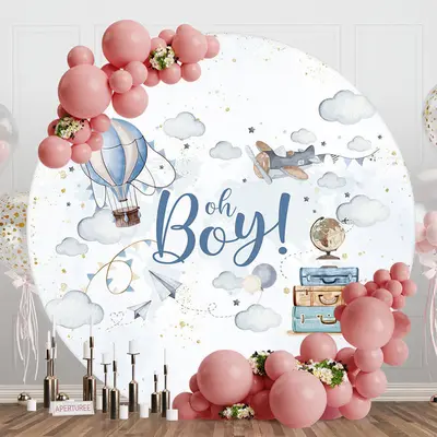 White Sky Cloud Oh Boy Round Baby Shower Backdrop - Aperturee