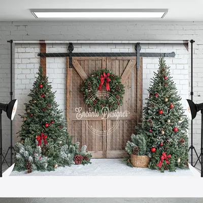 Aperturee White Brick Wood Wreath Door Tree Christmas Backdrop | Christmas Photo Backdrop | Christmas Backdrops For Photograp...