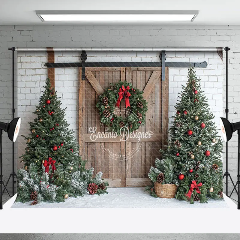 Aperturee White Brick Wood Wreath Door Tree Christmas Backdrop | Christmas Photo Backdrop | Christmas Backdrops For Photograp...