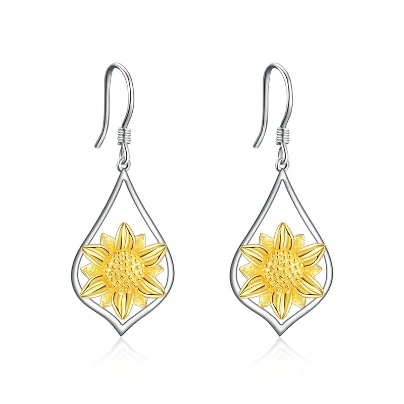 Sterling Silver Two-tone Sunflower Drop Earrings