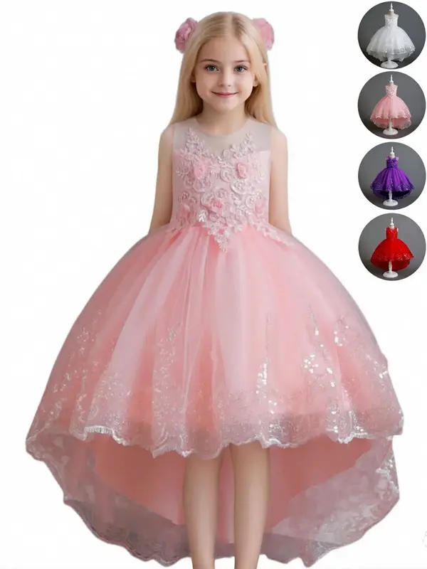 Children's Halloween and Christmas Costumes,Girl's Floral Decor Tulle Dress, Elegant   Round Neck A Line Dress for Party Wedd...