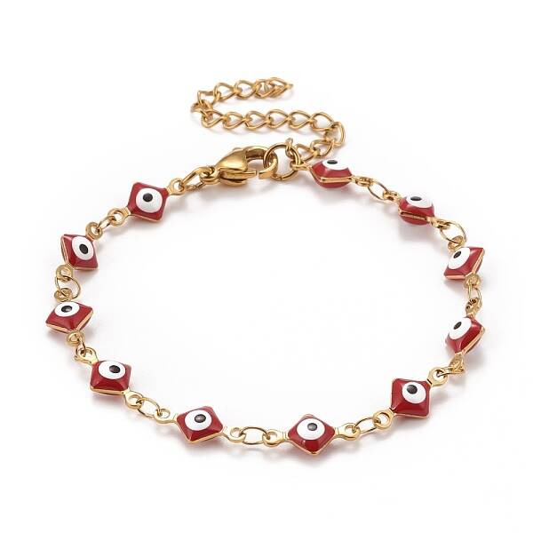 Enamel Rhombus with Evil Eye Link Chains Bracelet