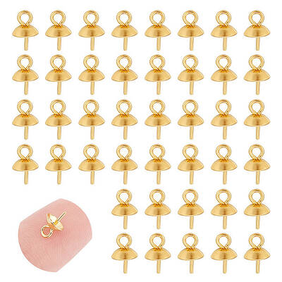 60Pcs PVD Vacuum Plating 304 Stainless Steel Cup Pearl Peg Bails Pin Pendants