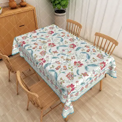 Aperturee Boho Floral Blue Blooming Rectangle Tablecloth, 52 x 70 inch, 30.82 USD, rectangle tablecloths, ZJY05008-A