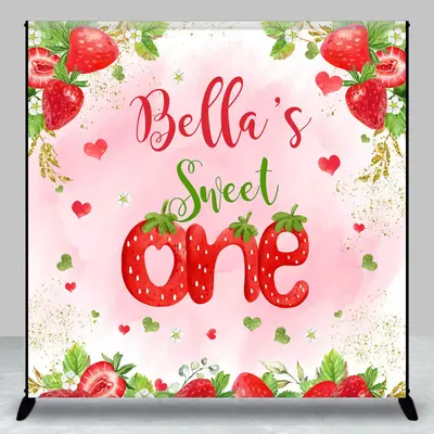 Pink Strawberry Custom Name One Birthday Backdrop - Aperturee