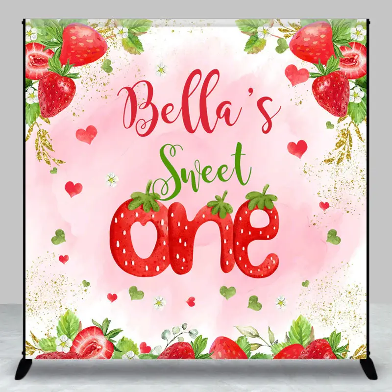 Pink Strawberry Custom Name One Birthday Backdrop - Aperturee