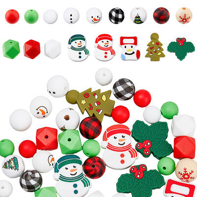 43Pcs 17 Style Christmas Theme Silicone Beads and Wooden Beads