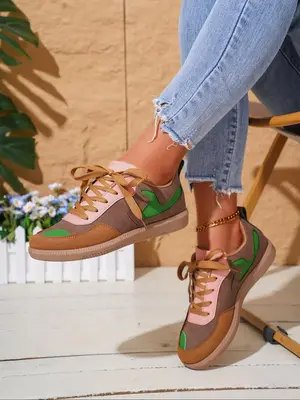 Women's Fashionable Colorblock Lace Up Low Top Sneakers, Casual Comfortable Patched Design Sports Running Shoes, Female All-m...