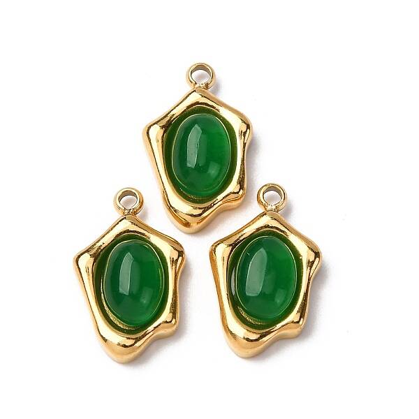 304 Stainless Steel Pave Natural Green Aventurine Irregular Oval Charms