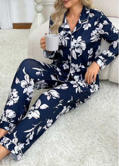 Modlily Navy Floral Print Long Sleeve Lounge Top and Pants - M