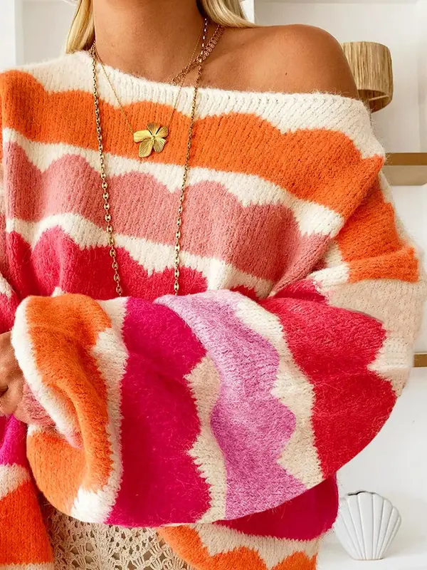 Women's Colorblock Drop Shoulder Sweater, Casual Long Sleeve Boat Neck Jumper for Fall & Winter, Fashion Ladies' Knitwear for...