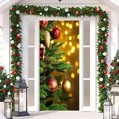 Green Tree Light Gold Bokeh Christmas Door Cover - Aperturee