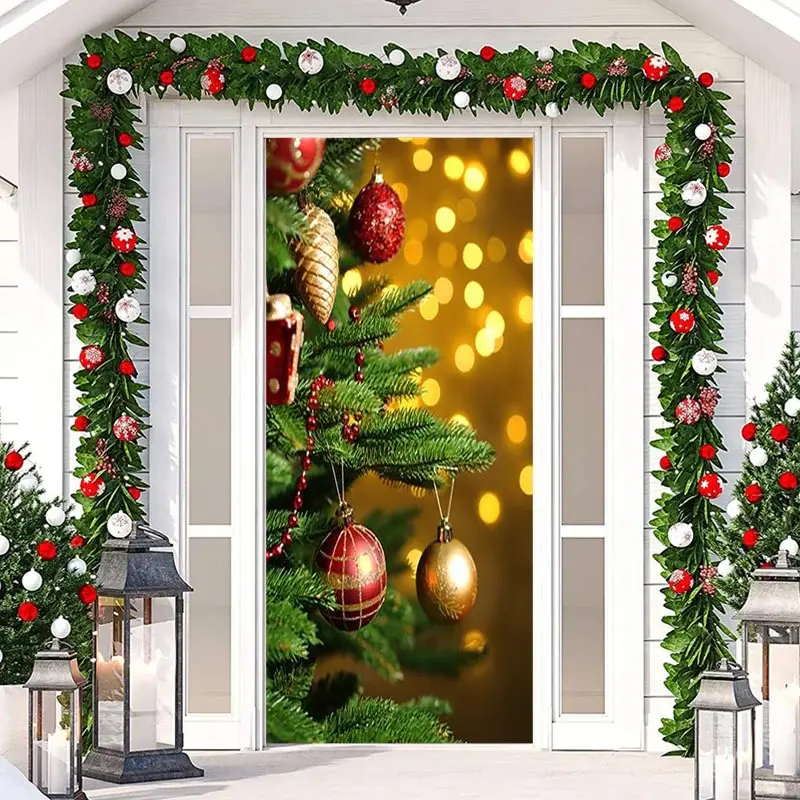 Green Tree Light Gold Bokeh Christmas Door Cover - Aperturee