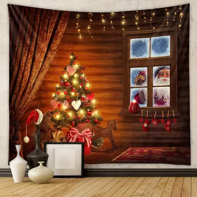 Aperturee Santa Out Window Wooden Wall Christmas Backdrop