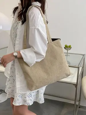 Women's Preppy Style Plain Color Tote Bag, Trendy Minimalist Large Capacity Shoulder Bag for Women & Girls, Casual Versatile ...