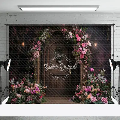 Aperturee Pink Floral Plant Brown Door Spring Photo Backdrop, 3X2FT(1MX0.6M), 14 USD, spring backdrops, ENHD1J96-M