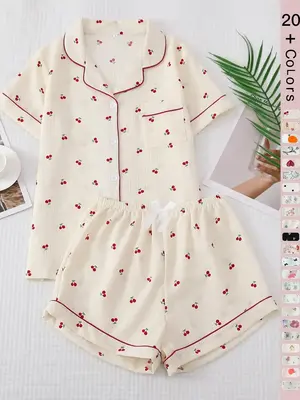 Two Counts Women's All Over Print Elastic Waist Pyjama Set, Back To School Wear, Regular Fit Button Front Top & Bow Decor S...