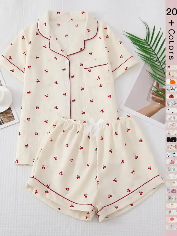 Two Counts Women's All Over Print Elastic Waist Pyjama Set, Back To School Wear, Regular Fit Button Front Top & Bow Decor S...