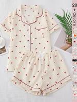 Two Counts Women's All Over Print Elastic Waist Pyjama Set, Back To School Wear, Button Front Top & Bow Decor Shorts, Summe...