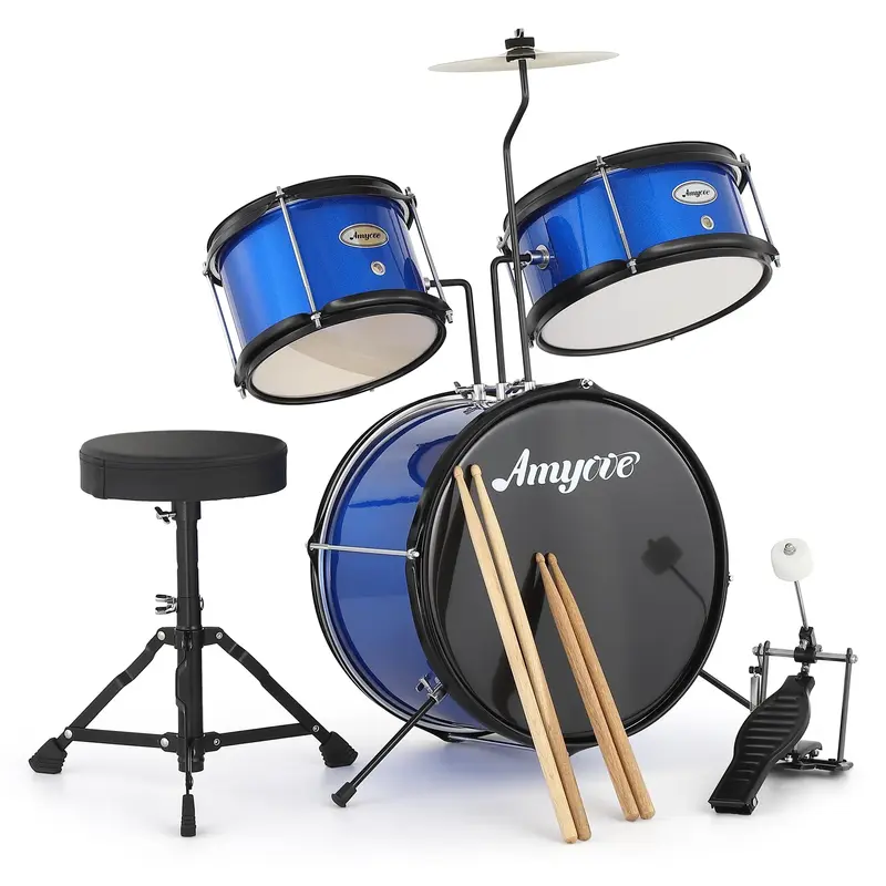 Garvee 3 Piece Kids Drum Set with Cymbal & Pedal, Beginner Junior Kit, Wood & Metal, Compact Design, Blue, Playroom Suitable