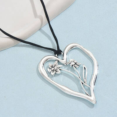 Birth Flower Heart Zinc Alloy Pendant Black Faux Suede Cord Necklaces for Women