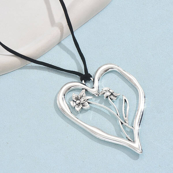Birth Flower Heart Zinc Alloy Pendant Black Faux Suede Cord Necklaces for Women