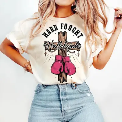 Hard Fought Hallelujah Shirt,  Pink and Gold, Christian Shirt, Religious Shirt, Faith Shirt, Shirt for Mom