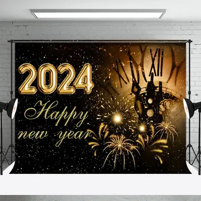 Aperturee Sparkling Clock 2024 Happy New Year Backdrop