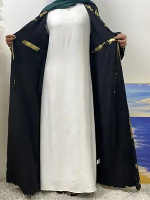 Women's Floral Stamping Drawstring  Abaya, Modest Long Sleeve Tie Front Abaya for Daily Wear, Ladies Islamic Clothing for All...