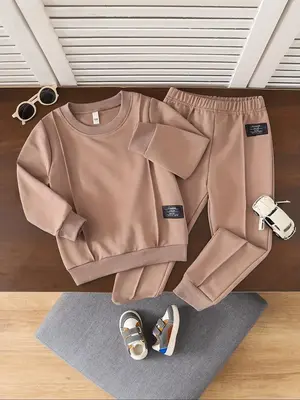 Two-Piece Set Boy's Solid Patched Sweatshirt & Pants Set, Casual Long Sleeve Round Neck Pullover & Jogger Pants for Fall & Wi...