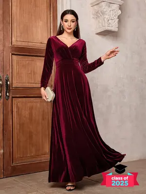Women's Plain Ruched Wrap Velvet Dress, Elegant V Neck Long Sleeve A Line Dress for Party Evening Formal Occasions, Ladies Fa...