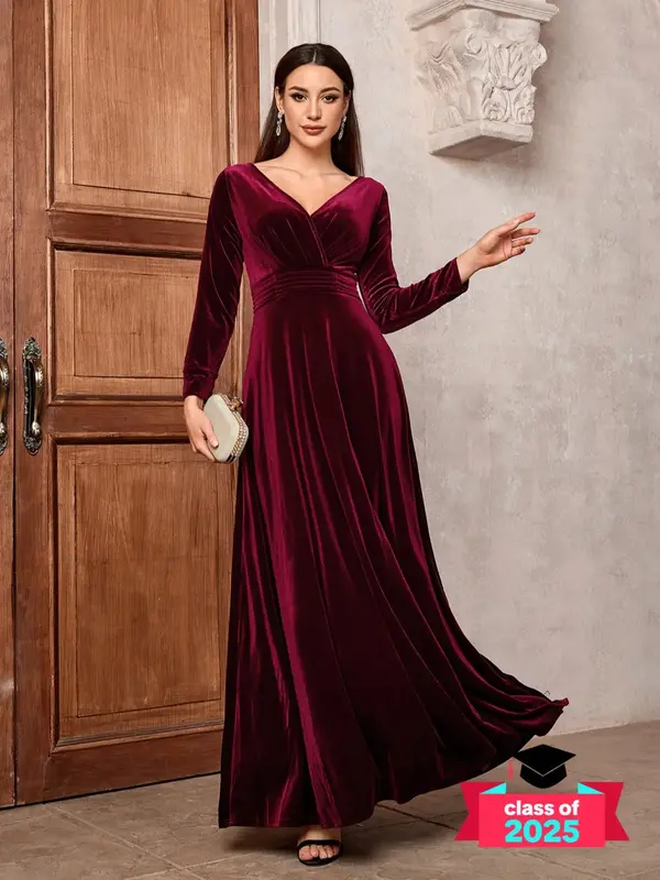 Women's Plain Ruched Wrap Velvet Dress, Elegant V Neck Long Sleeve A Line Dress for Party Evening Formal Occasions, Ladies Fa...