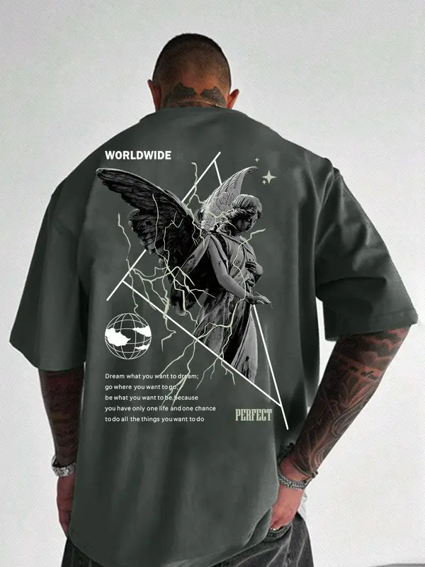 Unisex Men's Letter & Sculpture Print Drop Shoulder Tee, Loose Crew Neck Half Sleeve T-shirt for Men, Casual Comfy Knitting T...