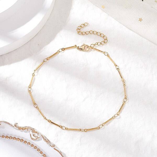 304 Stainless Steel Cuboid Bar Link Chain Anklets for Women