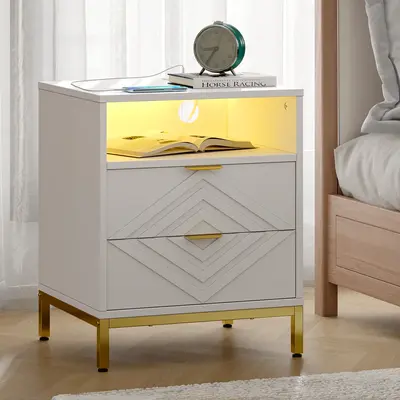 ćFallDealsForYoućONBRILL Nightstand, Modern Side Table, End Table with Charging Station and LED Lights, Bedside with 2 Dr...