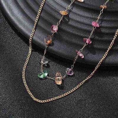 304 Stainless Steel & Natural Mixed Stone Colorful Chip Double Layer Necklaces for Women