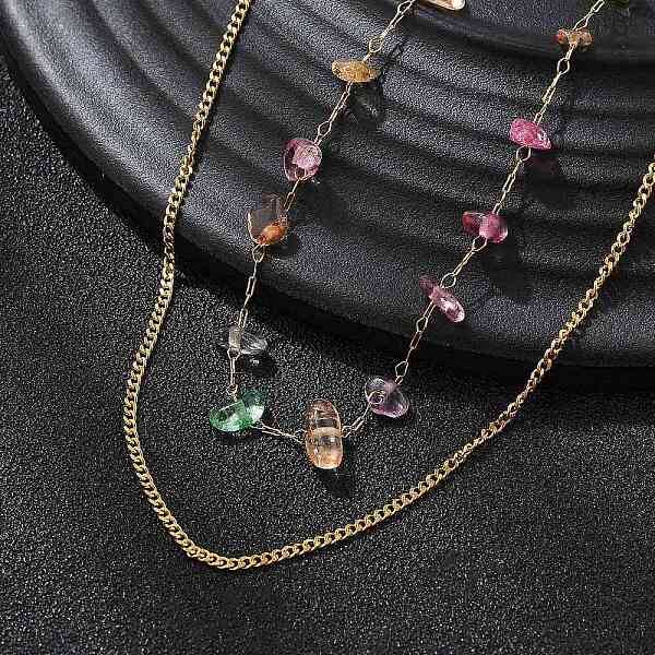304 Stainless Steel & Natural Mixed Stone Colorful Chip Double Layer Necklaces for Women