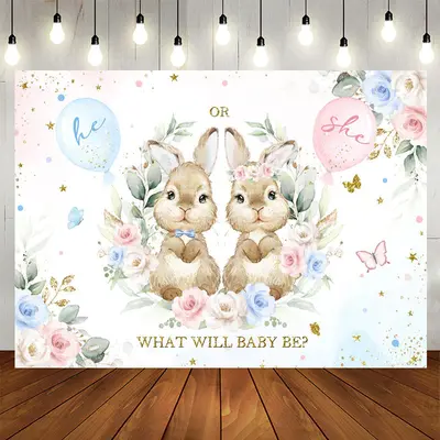 Pink And Blue Bunny Floral Baby Shower Backdrop - Aperturee