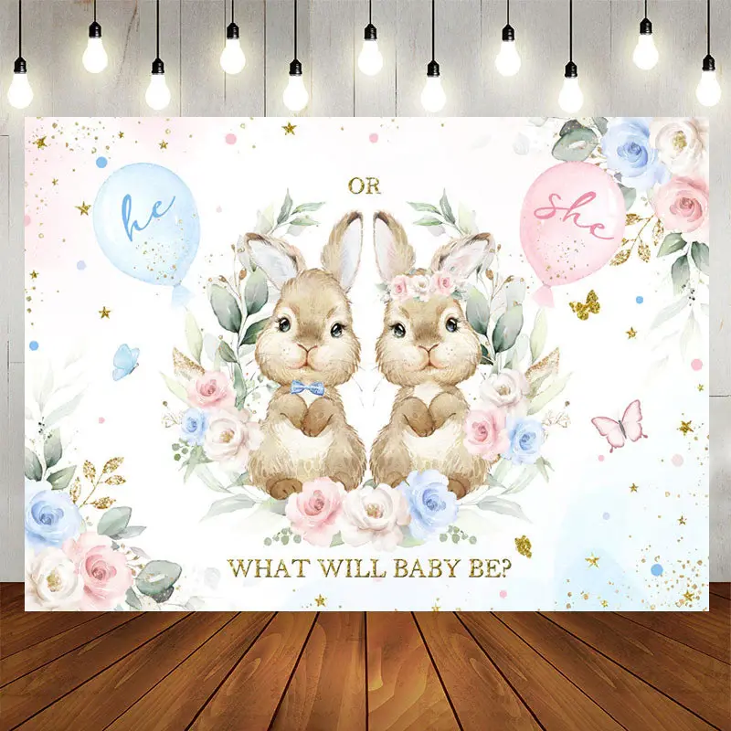 Pink And Blue Bunny Floral Baby Shower Backdrop - Aperturee