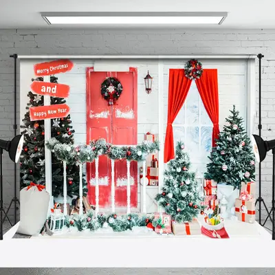 Aperturee Snowy Red White Door And Window Christmas Backdrop - Aperturee