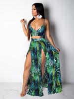 Two-piece Set Women's Leaf Print Sleeveless Crop Cami Top & Split Hem Skirt Set, Bohemian Boho Casual Two-piece Outfits for B...