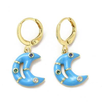 Crescent Moon Real 18K Gold Plated Brass Dangle Leverback Earrings