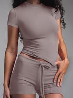 Women's Solid Color Modal Loungewear Two-Piece Set, Casual Comfy Short Sleeve Round Neck Tee & Drawstring Waist Shorts PJ Set...