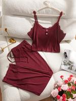 【Plus Size】 Contrast Lace Cami Top & Tie Front Pants Loungewear Set, Comfy Spaghetti Strap Camisole & Trousers PJ Set, Wo...