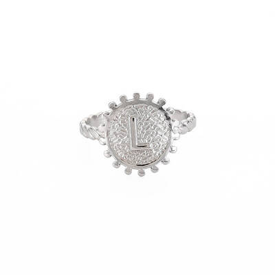 Non-Tarnish 304 Stainless Steel Flat Round with Initial Letter Open Cuff Ring for Men Women