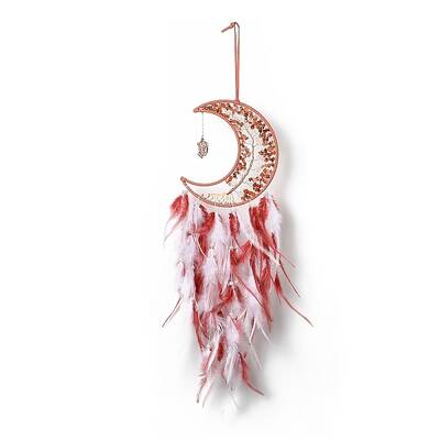 Gemstone Chips Beaded Tree of Life Moon with Feather Pendant Decorations