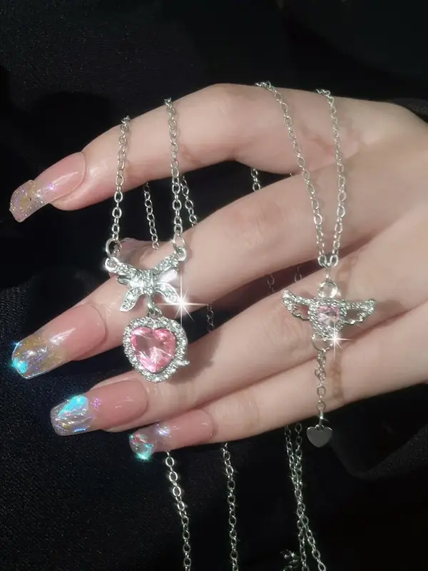 Fashion Elegant Rhinestone Decorated Heart Shape Pendant Necklace, Heart Shape Alloy Necklace with Bowknot / Wing Design, Fas...