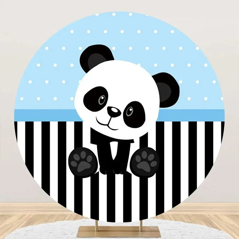 Blue Black White Panda Round Baby Shower Backdrop - Aperturee