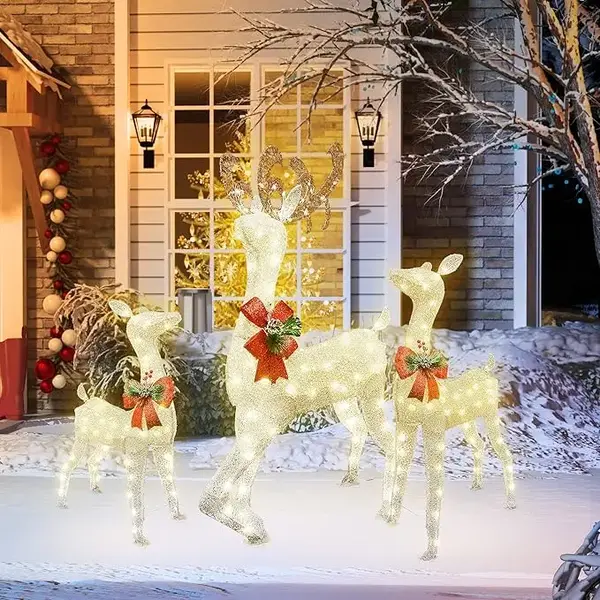 Large Reindeer Christmas Decoration [Family Set of 3],Christmas Decor with 230 LED Lights & Red Bows, Light Up Buck, Zip Tie,...