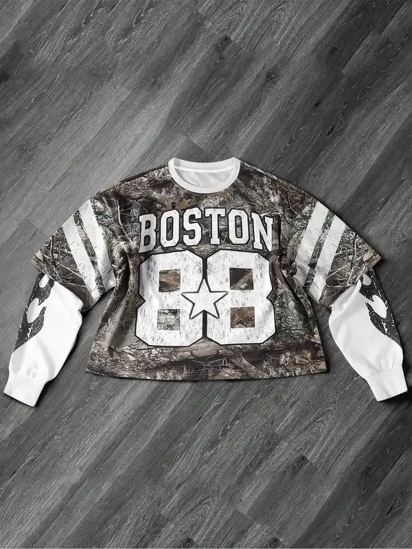 Men's Letter & Number Print 2 in 1 Drop Shoulder Sweatshirt, Regular Fit Casual Long Sleeve Round Neck Pullover for Fall & Wi...